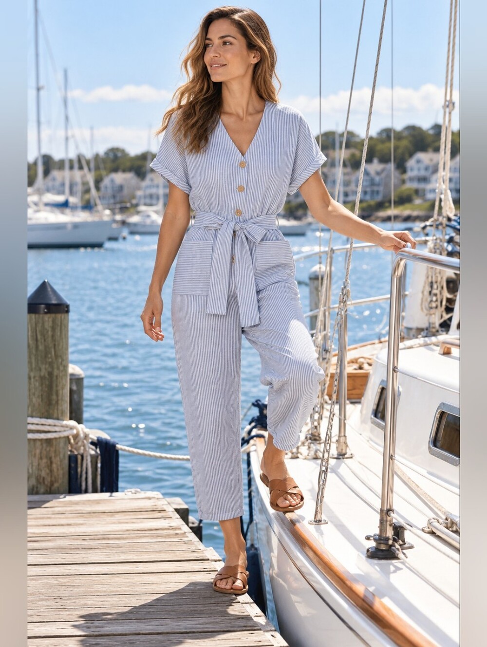 Zara Short Sleeve Belted Cropped Jumpsuit in Seersucker Coastal Preppy Women's L
